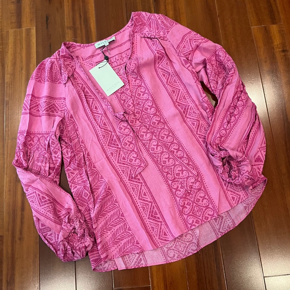 Hale Bob Pink Top Boho Geometric Print V-Neck Violet Blouse Long Sleeve New S